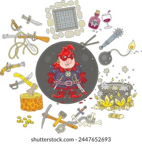 Verdugo furioso con una sonrisa malvada y sus variados instrumentos de tortura preparados para la ejecución de condenado, ilustración de dibujos animados de Vector aislado en blanco