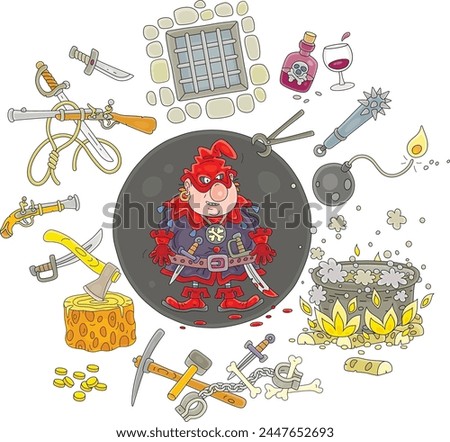 Angry executioner with a wicked grin and his varied instruments of torture prepared for execution of condemned, vector cartoon illustration isolated on white