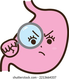 Angry expression of anthropomorphic stomach that is inspected and diagnosed with a magnifying glass