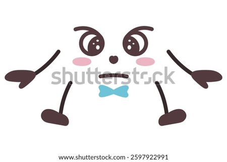 Angry expression. Face with angry emotions. Frowning look, threatening pose, arms to the sides, bow tie. Color vector illustration. Isolated white background. Cartoon style. Evil grimace.