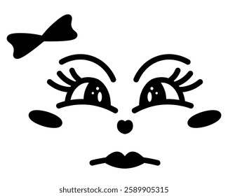 Angry expression of a female face. Sketch. Face with frowning emotions. Intent look, frowning eyebrows, bow decoration. Vector illustration. Outline on an isolated white background. Doodle style. 