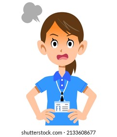An angry expression of a female staff member wearing a short-sleeved polo shirt and a name tag