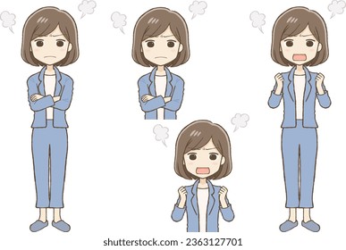 Angry Expression Woman in Pantsuit, Two Poses