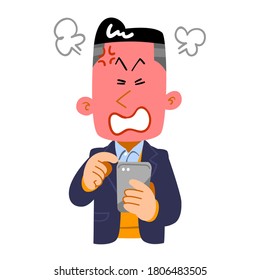 Angry expression of a young man operating a smartphone