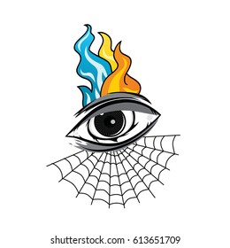 angry eye with spiderweb tattoo cartoon theme vector art illustration
