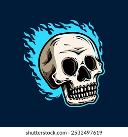 Angry face cartoon of human skull with flame vintage classic art line style