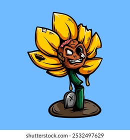 Angry face cartoon of zombie sun flower with vintage classic art line