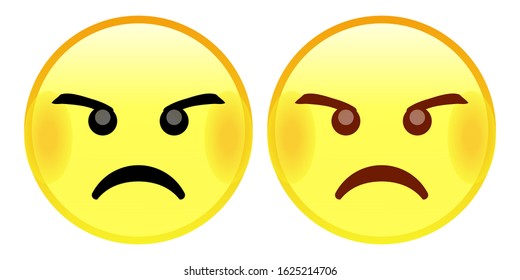 Angry Face Emoji. A yellow face with a frowning mouth and eyes and eyebrows scrunched downward in anger.