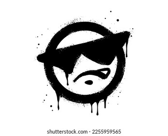 Angry face emoticon character and sunglasses  Spray painted graffiti anger face in black over white  isolated white background  vector illustration