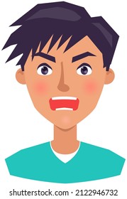 Angry face expression of young man. Guy with emotion of anger. Distresses, frustrated, sullen, upset face of male character. Unhappy, negative boy vector illustration. Expressing human emotion concept