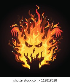 Angry face in a fire on the dark background.