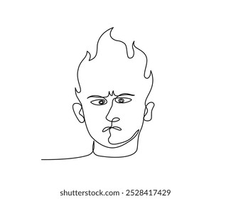 An angry face with fire on head in single line art and editable stroke.