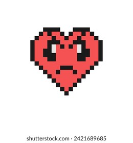 Angry face with frowning mouth, eyes and eyebrows illustration. Pixel style emoji convey extreme anger, frustration, furious. Vintage 90s style heart shaped emoticon. Pixelated retro game 8 bit design