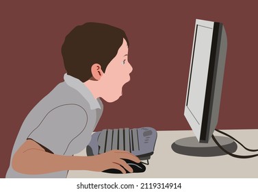 angry face of gamer online. Kid play video game with emotional face