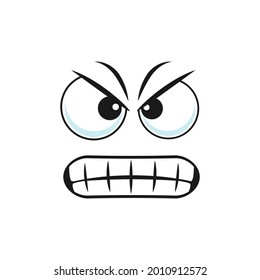 Angry face grumpy sullen emoji, ireful or rageful smiley facial expression isolated icon. Vector wrathy sad emoticon with unkind vicious smile, bad character. Wicked emoticon with toothed smile