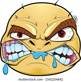 Angry face with mad look, brown eyebrows, big teeth, dripping saliva and visible veins in eyes. Vector illustration.