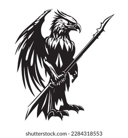 Angry face mascot eagle hawk holding spear sword weapon. black white line art vector illustration