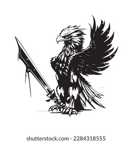 Angry face mascot eagle hawk holding spear sword weapon. black white line art vector illustration