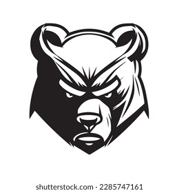 Angry face mascot of grizzly bear. black white line art vector illustration