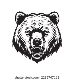 Angry face mascot of grizzly bear. black white line art vector illustration