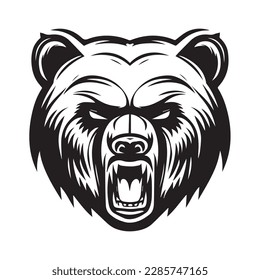 Angry face mascot of grizzly bear. black white line art vector illustration