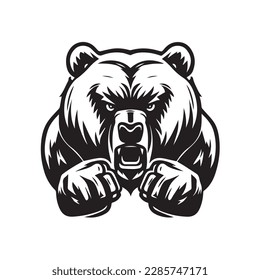 Angry face mascot of grizzly bear. black white line art vector illustration