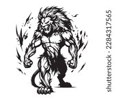 Angry face mascot muscular lion king. black white line art vector illustration