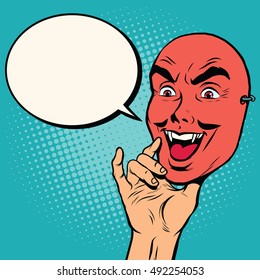 Angry face mask of a man, pop art retro vector illustration. Red devil