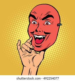 Angry face mask of a man, pop art retro vector illustration. Red devil