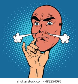 Angry face mask of a man, pop art retro vector illustration. The steam from the nose