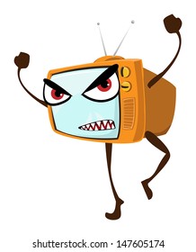 Angry face on retro TV set, orange cover and tiny antenna, vector illustration