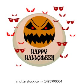 Angry face of pumpkin demon with many red devil eyes. Happy Halloween, vector