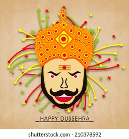 Angry face of Ravana with on colorful crackers explosion background for Happy Dussehra celebrations.