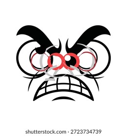Angry face with red glasses and aggressive expression on white background
