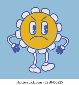 Wütende Gesicht Retro Kamille Blume Emoji Lächeln. Fearful Vintage 50s 60s 70er Jahre Retro-Blume naive Emoticon. Abgenutzte Effektstruktur. Vektorgrafik lustigen Helden mit Augen, Mund, Hände, Beine Bild. 