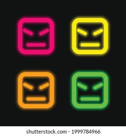 Angry Face Of Square Shape And Straight Lines four color glowing neon vector icon