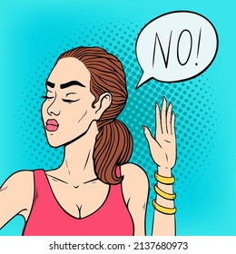 Angry face woman saying no and gesturing with hand stop, serious asian businesswoman pop art retro comic style vector illustration