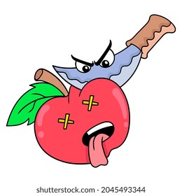 angry faced knife splitting red apple, vector illustration art. doodle icon image kawaii.