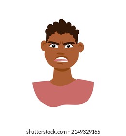 Angry Facial Expression Of African American Boy. Vector Cartoon Portrait Of Furious Emotional Child.