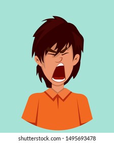 angry facial expression. rage cute boy emotion vector illustration in cartoon style.