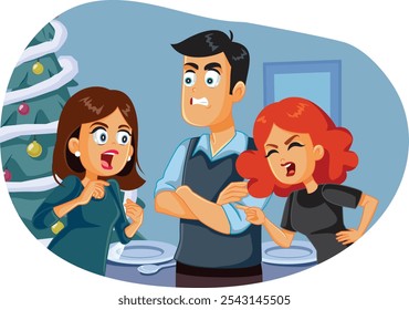 
Angry Family Fighting at Christmas Dinner vector Cartoon Illustration. Mistress and wife fighting over a man at the xmas table 
