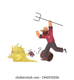 Angry farmer with hayfork chasing after alien stealing hen and eggs cartoon vector illustration