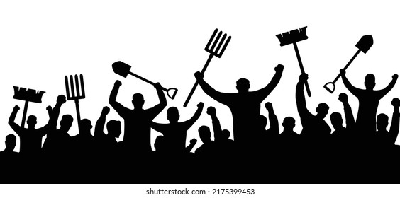 Angry Farmers Protest Demonstration. A Crowd Of People Protest With Shovel, Pitchfork And Broom. Cartoon Stickman Farmer Are Protestation, Manifestation, Protesting Or Activists. 