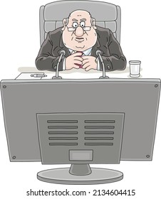 Angry fat government official at an online conference, sitting at a desk in front of a computer monitor in his office, vector cartoon illustration isolated on a white background