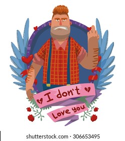 Angry fat man in frame, anti valentine card, vector