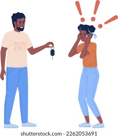 Angry father with car key and panicked daughter semi flat color vector characters. Editable figures. Full body people on white. Simple cartoon style illustration for web graphic design and animation