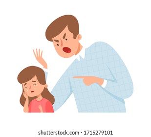 Angry father. Dad screaming daughter. Baby girl cry and scared. Bullying or home violence, domestic abuse behavior vector illustration