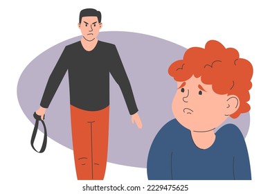 Angry father goes to a child and holding belt in his hand vector isolated. Illustration of a parental abuse, bad relationship. Boy kid is afraid of dad. Violence in family.