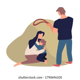 Angry father with leather belt beating child and mother. Frightened kid and wife, aggressive man punishing family. Domestic violence and threats, physical damage and conflicts, vector in flat style