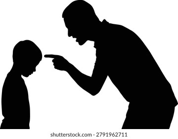 Angry father lecturing and pointing finger at his guilty son black silhouette icon isolated on plain white background for parenting and family conflict design templates